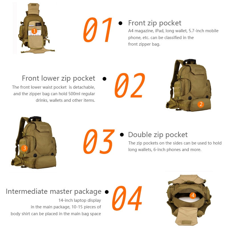 40L Tactical Backpack 2 in 1 Military Waist Pouch Army Rucksack Backpack Molle Outdoor Sport Bag Men Camping Hiking Climbing Bag