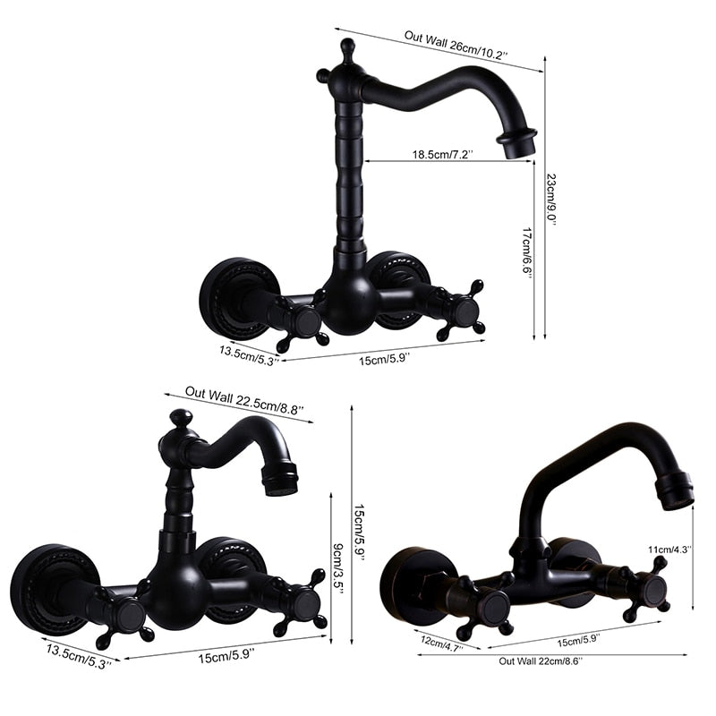 Wall Mounted Kitchen Faucets Black Wall Sink Faucet 2 Handle Hot Cold Water Mixer Tap ELM204