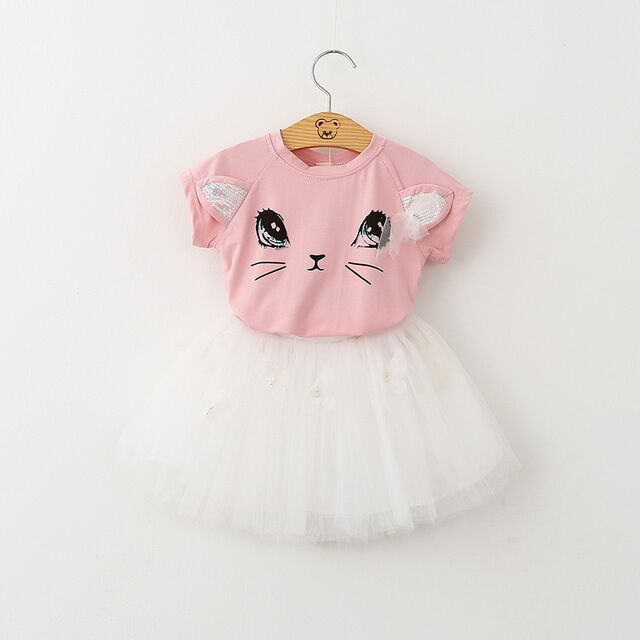 Summer Baby Girls Princess Dress 2pcs Set Cute Cartoon Cat Print T-shirt Top+Mesh Tutu Skirt Toddler Kids Outfits Clothes