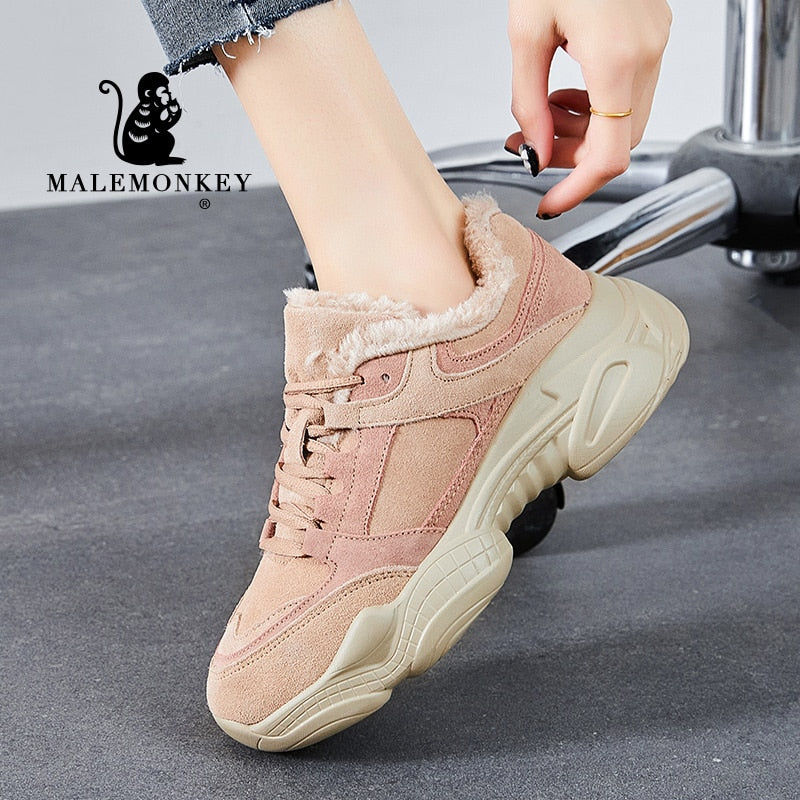 Platform Shoes For Women Black 2021 Winter Warm Fur Casual Sport Shoes Thick Bottom Sneakers Lace Up Chunky Female Shoes