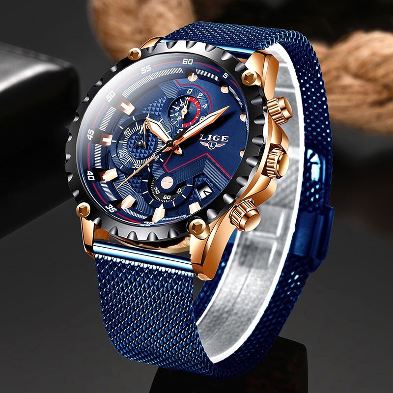 2022 New LIGE Blau Casual Mesh Gürtel Mode Quarz Gold Uhr Herrenuhren Top-Marke Luxus Wasserdichte Uhr Relogio Masculino