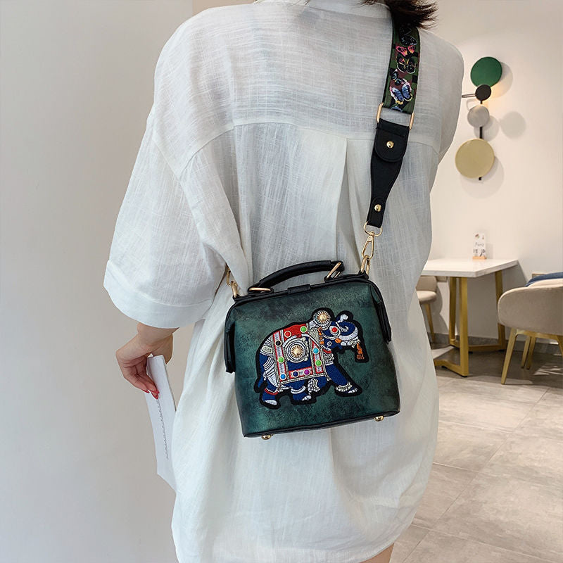 Vintage Embroidery Elephant Bag Bags Wide Butterfly Strap PU Leather Women Shoulder Crossbody Bag Tote Women&