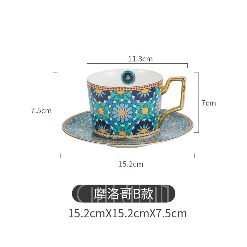 Juego de taza y platillo de café de lujo de estilo marroquí con mango dorado para café especial taza de té de cerámica capuchino 250ml