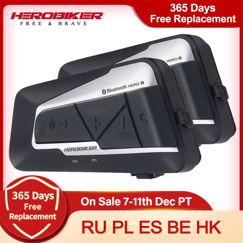 HEROBIKER 2 Sets 1200M BT Motorradhelm Intercom Wasserdichtes drahtloses Bluetooth Moto Headset Interphone FM Radio für 2 Fahrten