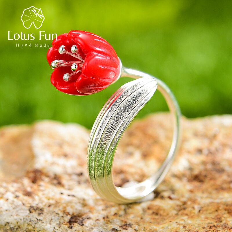 Anillo de oro de 18 quilates de Plata de Ley 925 auténtica de Lotus Fun, joyería fina hecha a mano de Coral rojo, anillos de flores de lirio de los valles para regalo de mujer