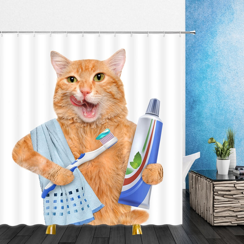 Funny Animal Shower Curtains Decoration Cute Pet Cat Home Bathroom Decor Polyester Bath Cloth Hanging Curtain Set With Hooks