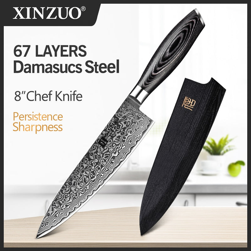 XINZUO 8'' Kochmesser Gyuto Messer Japanischer Stil VG10 Damaskus Küchenmesser Edelstahl Fleischermesser Pakkaholzgriff