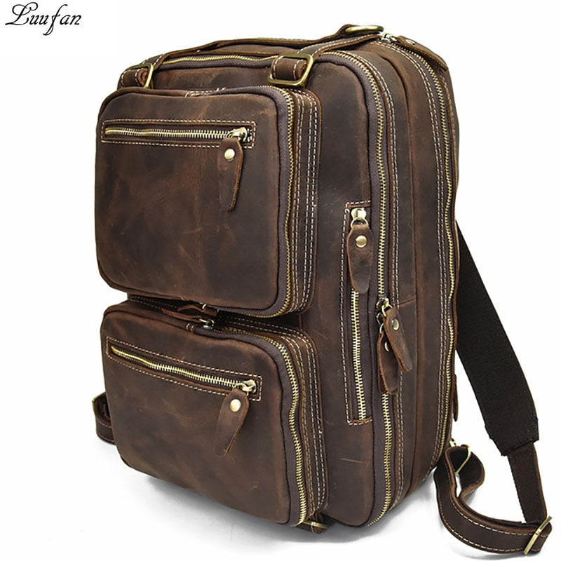 Men Genuine Leather Laptop Backpack 15&quot; PC Crazy Horse Leather Business Bag 3 Use Cow Leather Shoulder Bags 3 Layer Work Tote