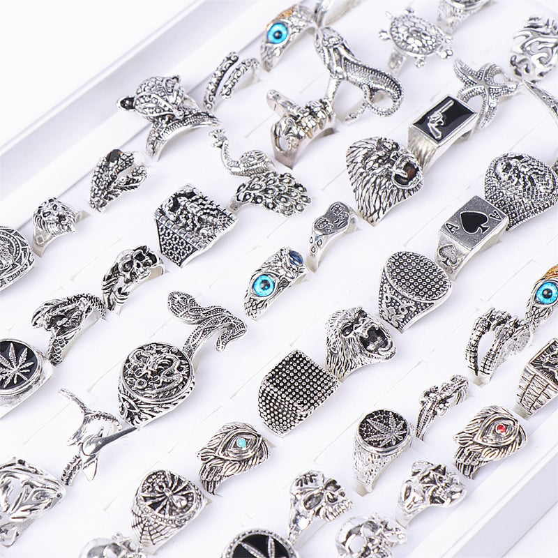 50pcs/lot Punk Gothic Snake Owl Skull Animal Silver Plated Rings For Women Men Mix Style Vintage Jewelry Party Gifts