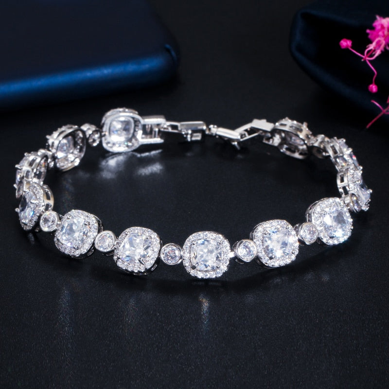 CWWZircons Classic Princess Cut Shiny White Cubic Zirconia Bangle Bracelet for Women Luxury Wedding Party Femme Jewelry CB219