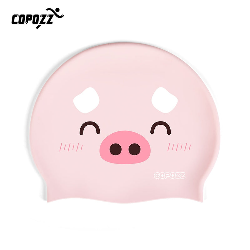 COPOZZ Kids swimming caps Cartoon Cute pig cat for Boys&amp;Girls Elastic Waterproof Ear Protection 4-12y Swim Pool Hat one size