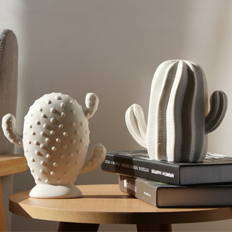 VILEAD Ceramic White Cactus Figurines Nordic Creative Plant Ornament Modern for Interior Home Office Desk Decoration Accessorie