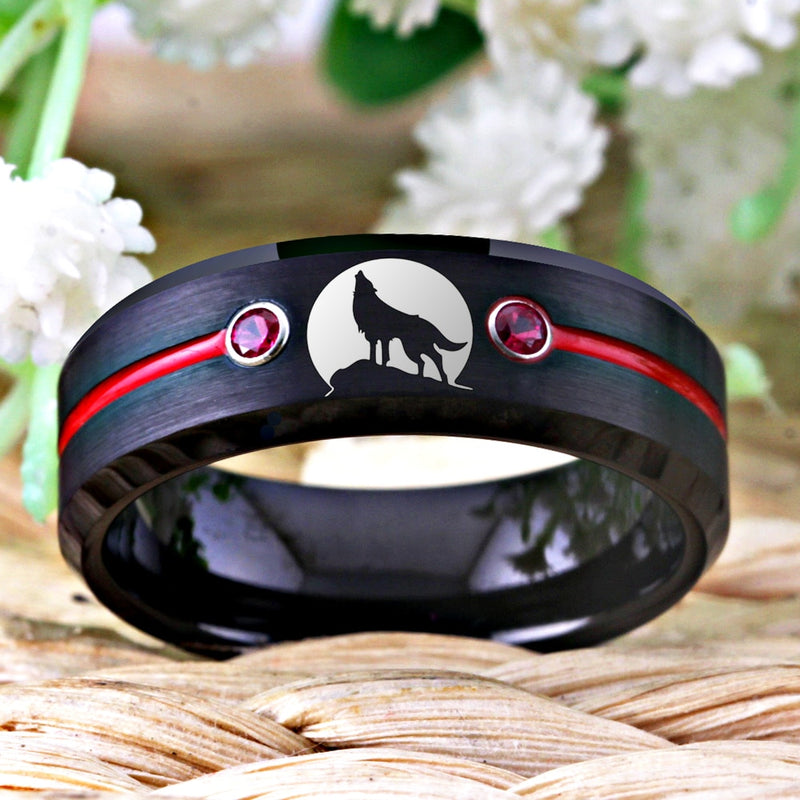 Tungsten Wolf Rings For Men Lone Wolf Howling Moon Ring Men&