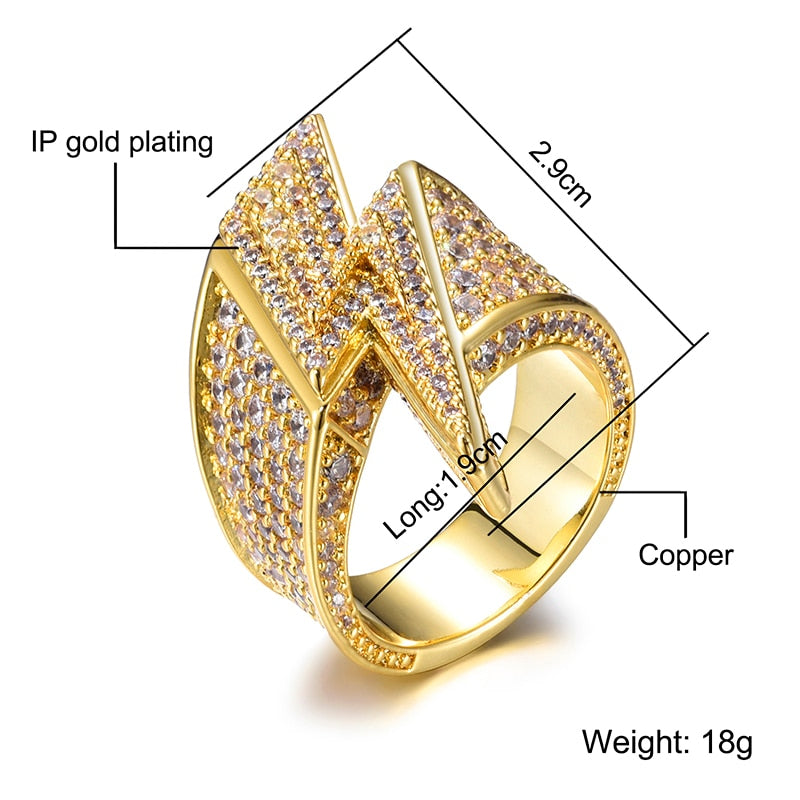 Hip Hop CZ Stones Bling Lightning Rings Tready Cubic Zircon Iced Out Copper Zircon Personality Ring For Men Jewelry
