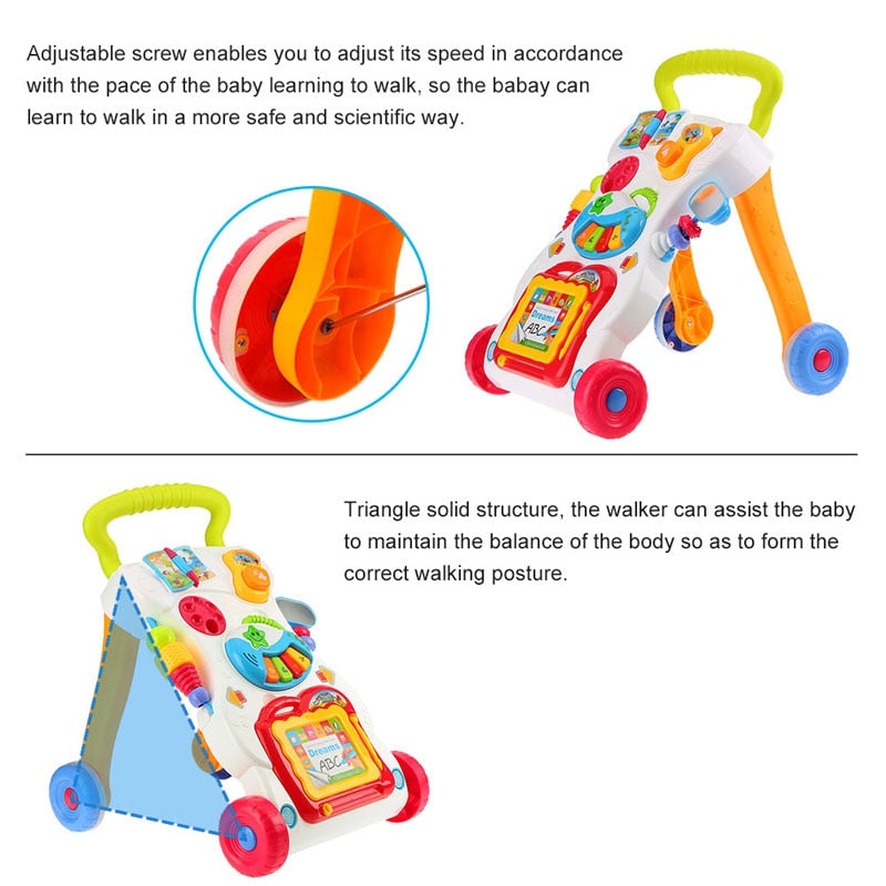 Baby Walker Multifunction Infant Stand-to-Sit Toddler Four Wheels Trolley Kids Learning Walking Toddler Toys Piano Drawing Gift