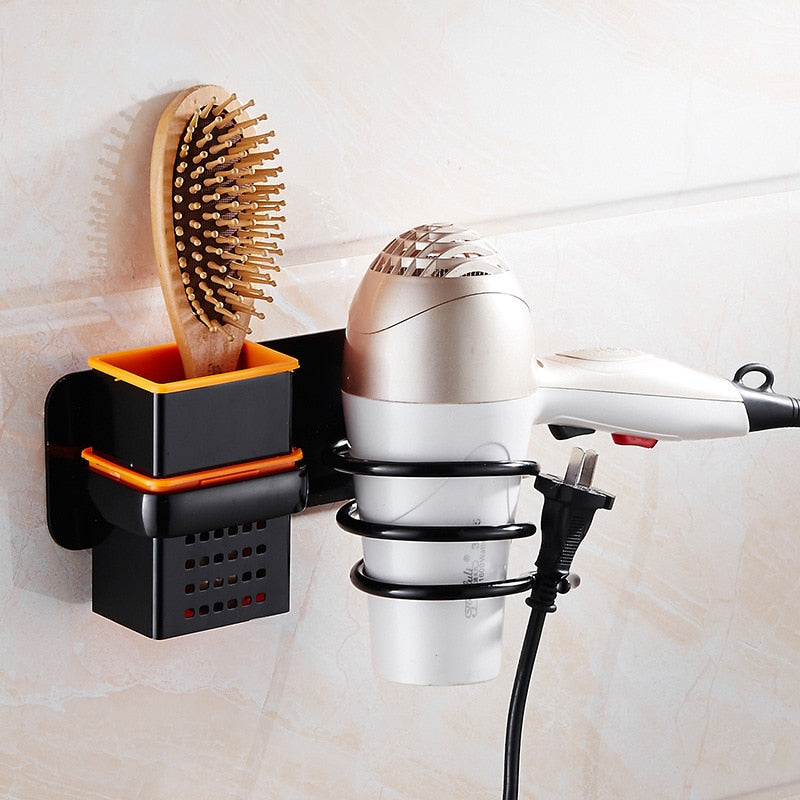 Hair Dryer Holder With Cup Households Wall Mount Bathroom Accessories Hair Dryer Shelf Metal Black Hair Dryer Rack EL190