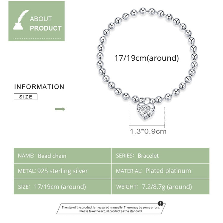 WOSTU Real 925 Sterling Silver Heart Bracelet  Bead Chain Bracelet For Women Wedding Original Bracelet Authentic Jewelry CQB203