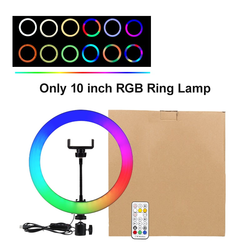 LED 10 inch RGB Dimmable Ring Lamp with Phone Clip Remote Control Photography Colorful Lighting for YouTube Live Stream