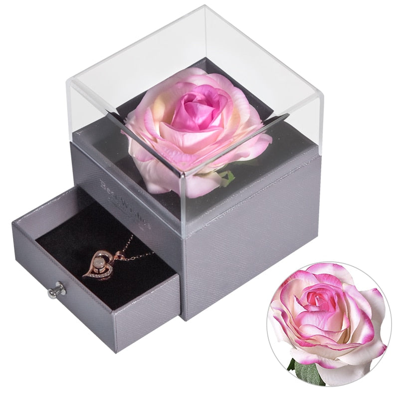 Joyero de rosa eterna natural para el día de la madre / w 100 idiomas Collar de amor Flores preservadas Anillo de propuesta Caja Regalos para ella