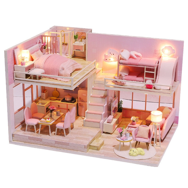 CUTEBEE Puppenhaus-Kit mit Möbeln, LED-Leuchten, DIY-Miniaturhaus zum Bauen eines winzigen Puppenhauses, gemütliche Zeit für Kinder, Spielzeuggeschenk