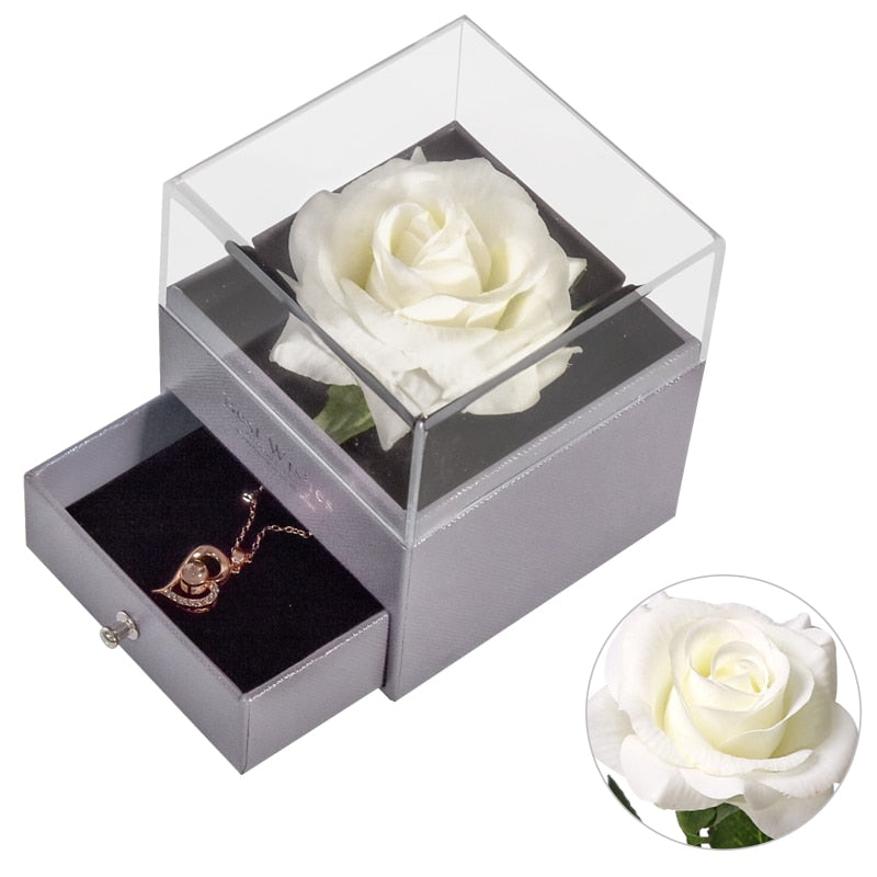 Mothers Day Natural Eternal Rose Jewelry Box /w 100 Languages Love Necklace Preserved Flowers Proposal Ring Case Gifts for Her