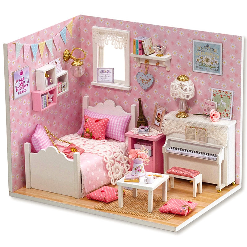 Cutebee DIYHouse miniatura con muebles LED música polvo cubierta modelo Juguetes De bloques De construcción para niños Casa De Boneca