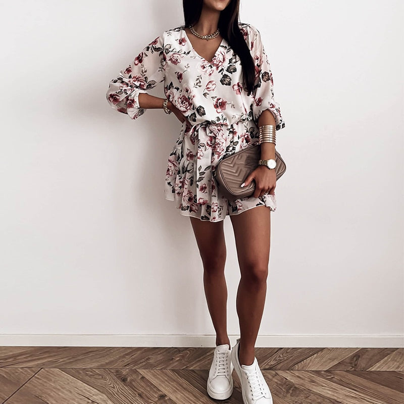 Spring Women's Chiffon V Neck Flower Print Dress Casual Long Sleeve Short Dress Female Boho Leisure A Line Party Vestidos 2021