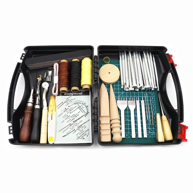 Kit de herramientas de artesanía de cuero profesional DIY, punzón de costura a mano, conjunto de ranuradora de trabajo de tallado, accesorios, caja de herramientas DIY