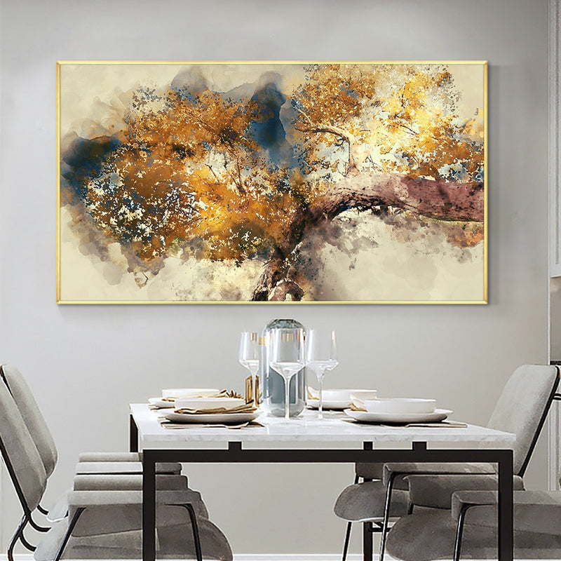 Pintura al óleo pintada a mano sobre lienzo árboles marrones texturizados abstractos con hojas amarillas pintura de arte de pared para decoración moderna del hogar