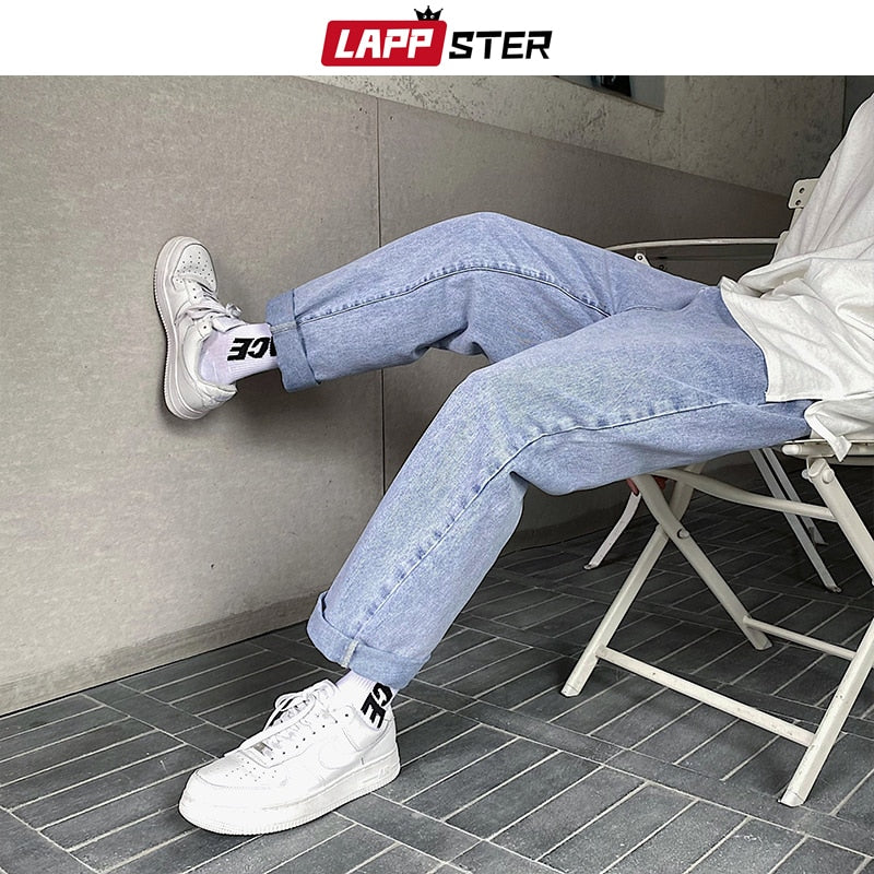 LAPPSTER Men Grey Streetwear Baggy Jeans 2022 Mens Kpop Solid Denim Pants Couple High Waisted Vintage Oversized Joggers Pants