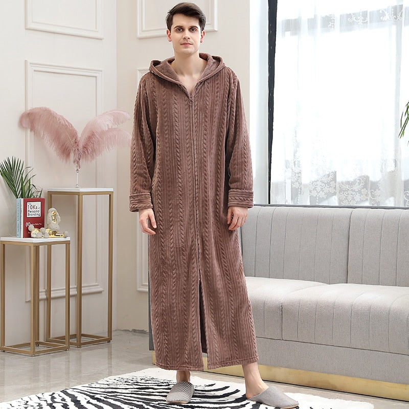 Women Winter Plus Size Long Warm Flannel Hooded Bathrobe 40-110KG Zipper Bath Robe Pregnant Night Dressing Gown Men Sleepwear