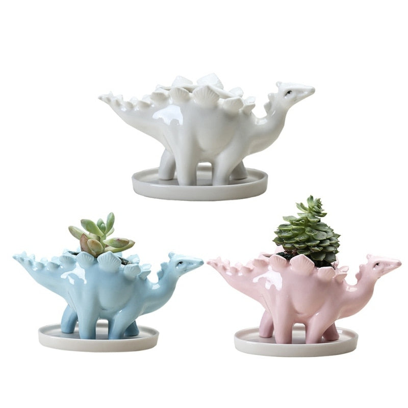 Creative Ceramic Stegosaurus Flower Pot Succulent Garden Desktop Decoration With Tray Creative Dinosaur Flower Planter Pot