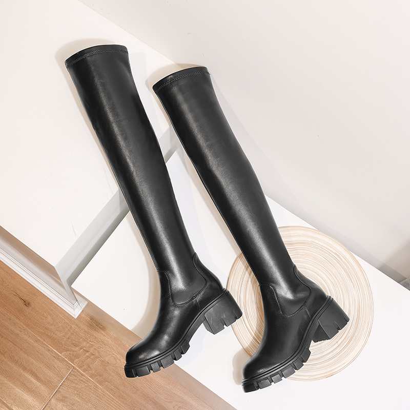 Krazing Pot Big Size Rindsleder Stretch Overknee Stiefel Plattform Runde Zehe High Heels Winter Damen Warme Oberschenkel Hohe Stiefel