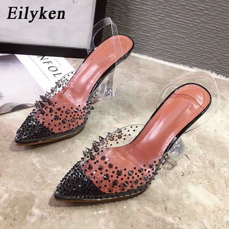 Eilyken 2022 New Gold  Silver PVC Transparent Rivet Diamond Pumps Sandals Perspex Heel Pointed Toe Crystal Silver Wedding Pumps