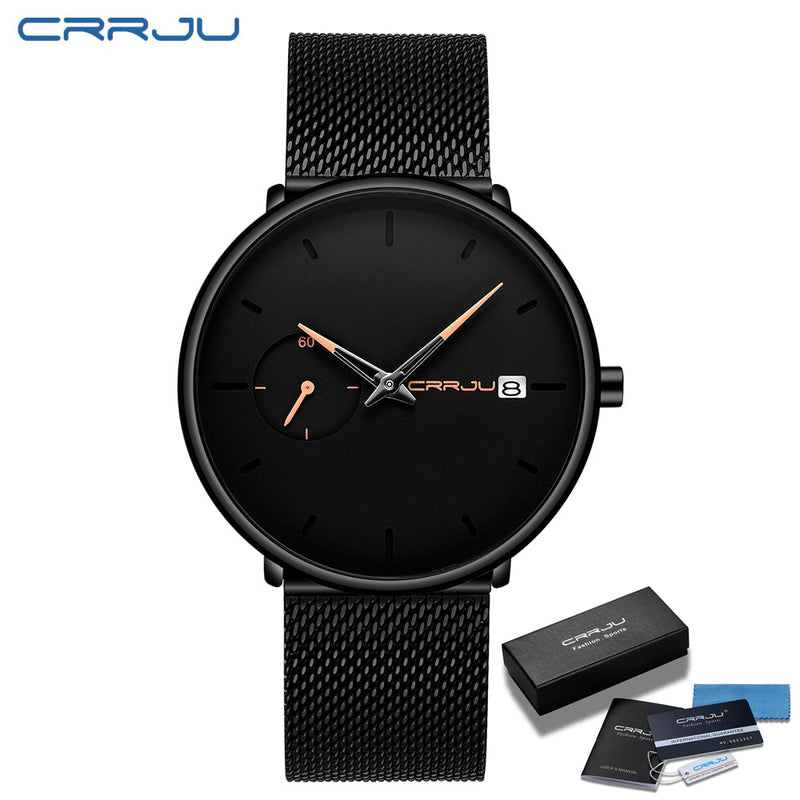 CRRJU Mens Watches Luxury Sport Wrist Watch Unique Design Stainless Steel Auto Date Mesh Strap Men Fashion Casual Quartz Watches