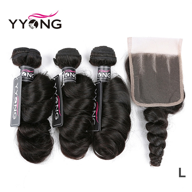 Cabello Yyong peruano ondulado suelto 3/4 mechones de cabello humano con cierre de encaje 4x4 cierre de encaje con mechones de cabello Remy de Color Natural