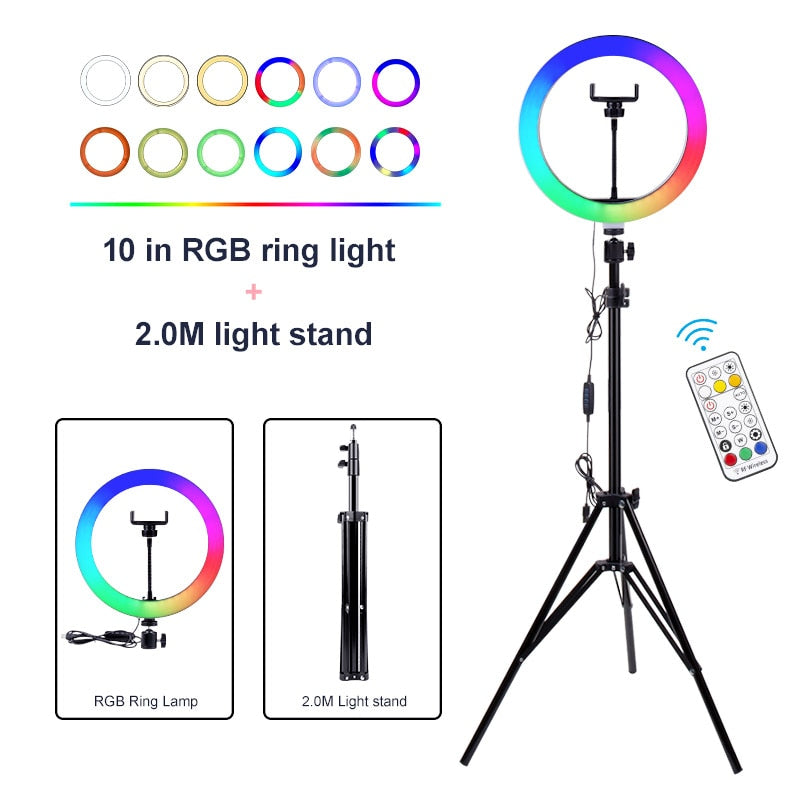 Lámpara LED de anillo regulable RGB de 10 pulgadas con Clip de teléfono Control remoto fotografía iluminación colorida para YouTube Live Stream