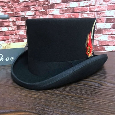 Black Men Woolen Fedora Hat Flat Mad Hatter Top Hat Traditional President Party Hat Steampunk Magic Hat with feather