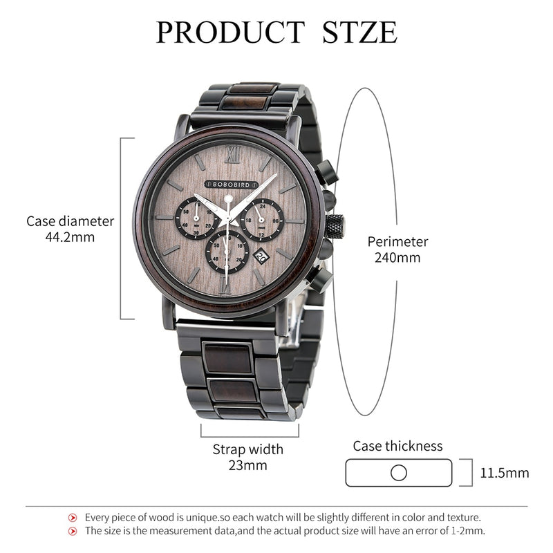 BOBO BIRD Luxury Stainless Steel Wood Watch Men Stylish Timepieces Chronograph Waterproof Watches Valentine&