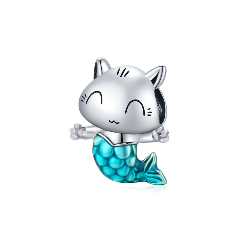 bamoer 925 Sterling Silver Kitty Mermaid Charm Blue Enamel Bead Pendant for Charm Bracelet Bangle DIY Making for Girl