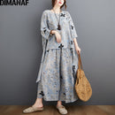 DIMANAF Plus Size Two Piece Set Suit Women Clothing Vinatge Print Elegant Lady Tops Shirt Linen Loose Pants Female Suit Summer