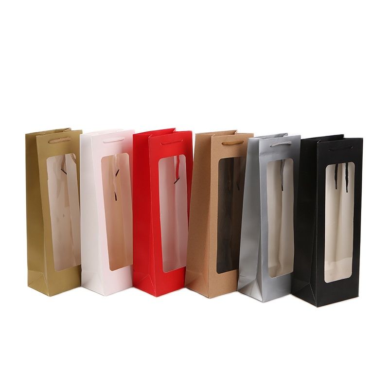 Visible Wine Bags Solid Paper Bags Clear Window White Paper Bag For Wine Flower Gift Packing Party Festival Gift Package