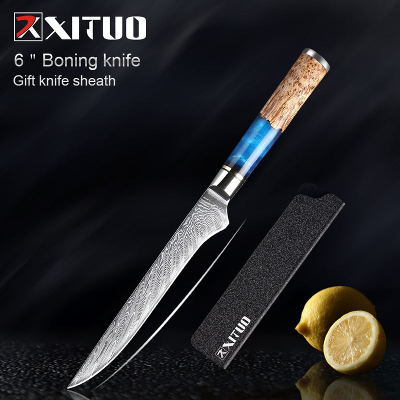 XITUO Kitchen Knives-Set Damascus Steel Chef Knife Cleaver Paring Utility Bread Knife Cooking Tool Blue Resin Handle 1-6Pcs/Set