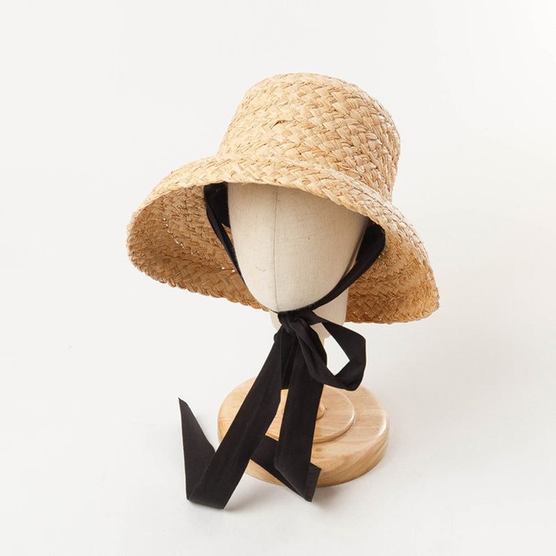 Hand-made Raffia Straw Hat For Kids Retro Flat Top Fold Down Brim Children&