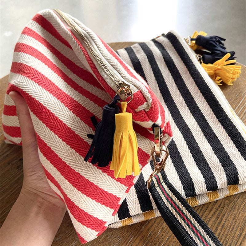 Cosmetic Bag Women Striped Makeup Case Organizer Korean Tassel Cosmetic Pouch Necesserie Travel Toiletry Bag Canvas Beauty Case