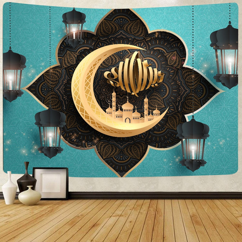 Simsant Ramadan Kareem Tapestry Moon Star Eid Mubarak Religion Festival Wall Hanging Tapestries for Living Room Bedroom Decor