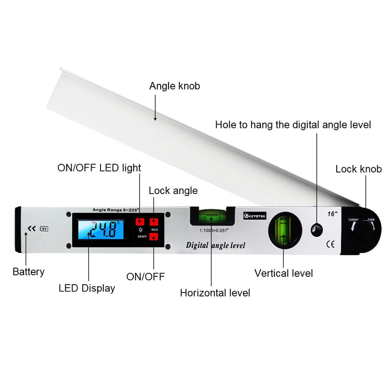 0-225 degree Digital Angle Level Meter Gauge 400mm 16inch Electronic Protractor free shipping