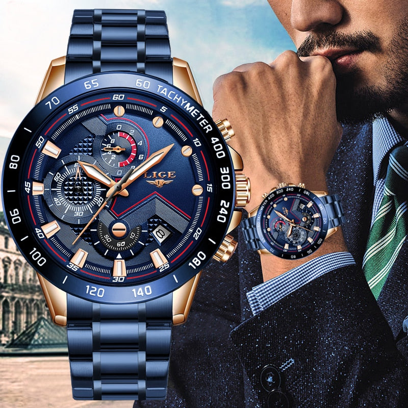 LIGE Herrenuhren Top-Marke Luxus Edelstahl Blau Wasserdicht Quarzuhr Herren Mode Chronograph Herren Sport Militäruhr