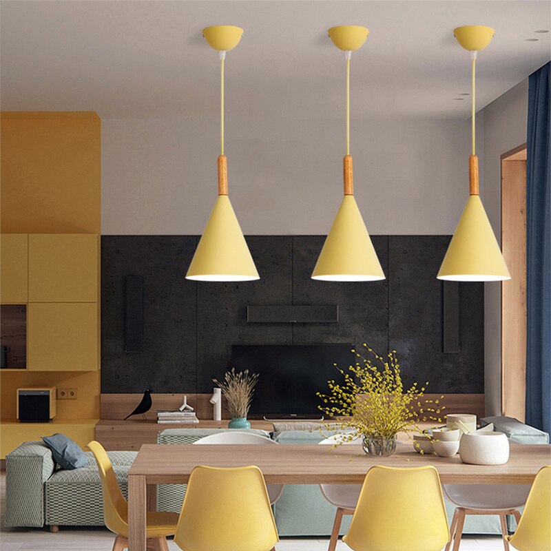 Modern Hanging E27 Wood Aluminum Pendant Lights, Dining Dable Kitchen Bedside Bar Showcase Decorative Lighting