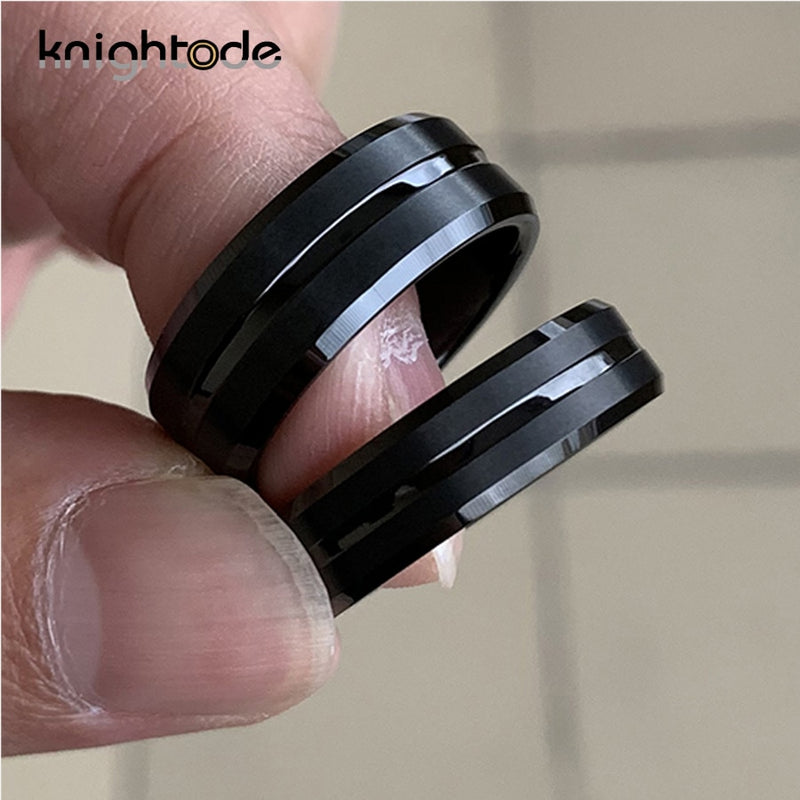 Anillos de carburo de tungsteno negro de 8mm/6mm para fiesta de moda, banda de boda para hombres y mujeres, bordes biselados centrales acanalados, ajuste cómodo mate